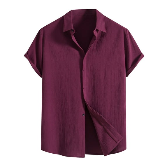 Mens Casual Linen Cotton Button Down Short Sleeve Shirts Cuban Camp Guayabera Beach Tops Lightweight Summer Shirt Purple M