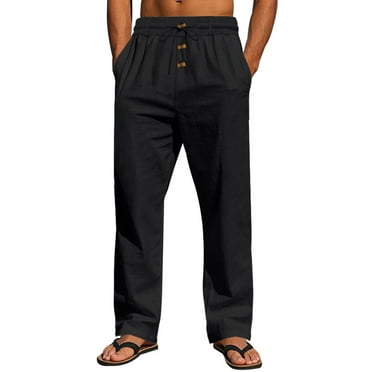 Mens Casual Linen Pants Elastic Waist Drawstring Lightweight Loose Slacks Summer Beach Trousers