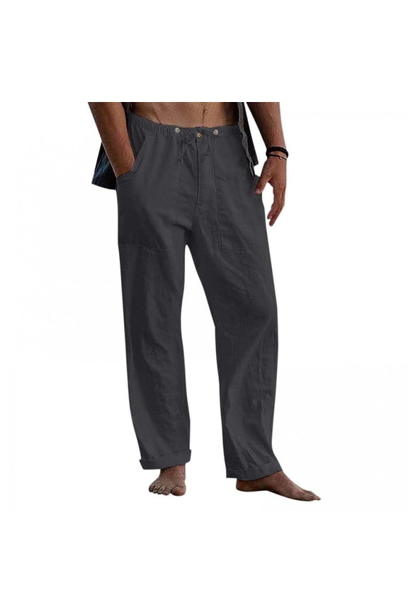 Mens Casual Linen Pants Loose Fit Elastic Drawstring Waist Straight-Legs Yoga Beach Long Pants Pants Elastic Solid Color Loose Casual Trousers