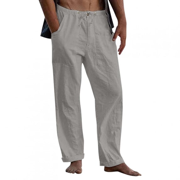 Mens Casual Linen Pants Loose Fit Elastic Drawstring Waist Straight-Legs Yoga Beach Long Pants Pants Elastic Solid Color Loose Casual Trousers