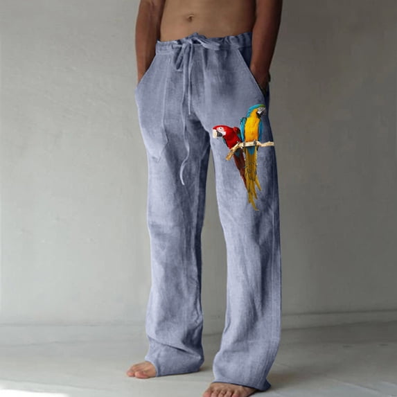 Mens Casual Linen Pants Loose Fit Straight-Legs Elastic Drawstring Waist Summer Beach Yoga Long Pants Blue XXXL