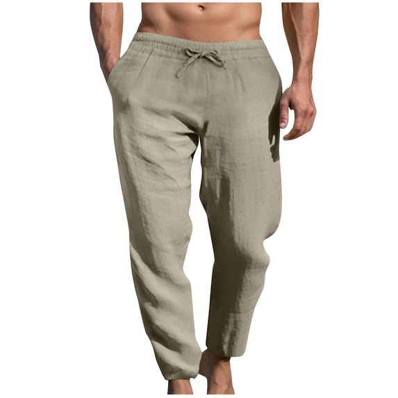 Mens Casual Linen Pants Relaxed Fit Elastic Drawstring Waist Straight-Legs Summer Yoga Beach Long Pants Size 3XL Beige