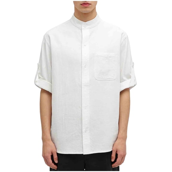 Mens Casual Linen Shirts Roll Up 3/4 Sleeve Button Down Banded Collar Summer Shirt Baggy Business Blousers