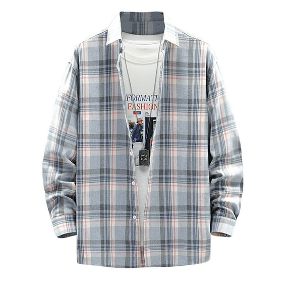 Mens Casual Long Sleeve Button Down Shirts Big and Tall Flannel Plaid Shirt Spring Lightweight Lapel Outwear Shacket Jackets with Pocket