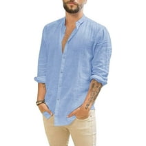 Mens Casual Long Sleeve Cotton Linen Shirts Button Down Solid Plain Roll-Up Sleeve Summer Beach Shirts 2023