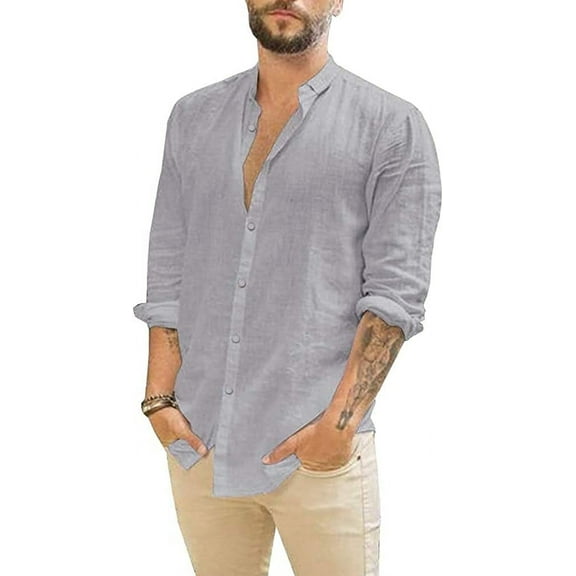 Mens Casual Long Sleeve Cotton Linen Shirts Button Down Solid Plain Roll-Up Sleeve Summer Beach Shirts 2025