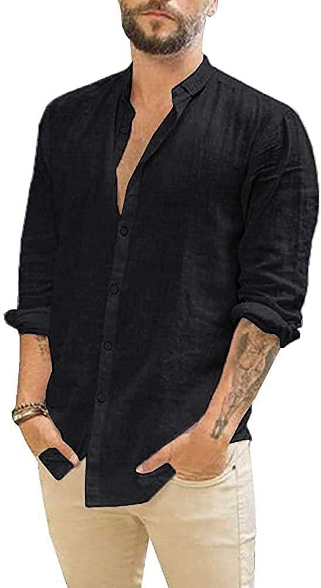 Mens Casual Long Sleeve Cotton Linen Shirts Button Down Solid Plain ...