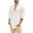 thumbnail image 1 of Mens Casual Long Sleeve Cotton Linen Shirts Button Down Solid Plain Roll-Up Sleeve Summer Beach Shirts 2025, 1 of 6