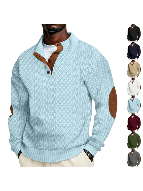 Mens Casual Long Sleeve Knitted Pullover Sweater with Elbow Patches Stand Collar Vintage Button Sweaters L