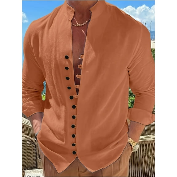 Mens Casual Long Sleeve Linen Shirts Buttons Down Solid Plain Roll-Up Sleeve Summer Beach Shirts Orange 3XL