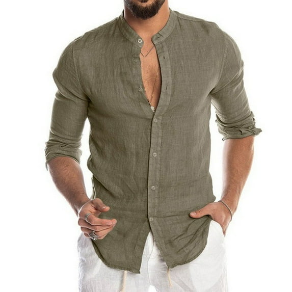 Mens Casual Long Sleeve Linen Shirts Buttons Down Solid Plain Roll-Up Sleeve Summer Beach Shirts (Size S-5XL)
