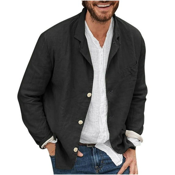 Mens Casual Long Sleeve Suit Casual Linen Blazer Shirts Buttons Down Summer Solid Plain Lightweight Coats Cardigan Tops
