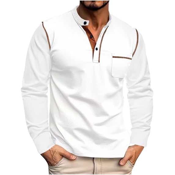 Mens Casual Long Sleeve T Shirts with Pocket Button Crewneck T-Shirts Pullover Solid Color Breathable Slim-Fit Basic Athletic Workout Tees Tops
