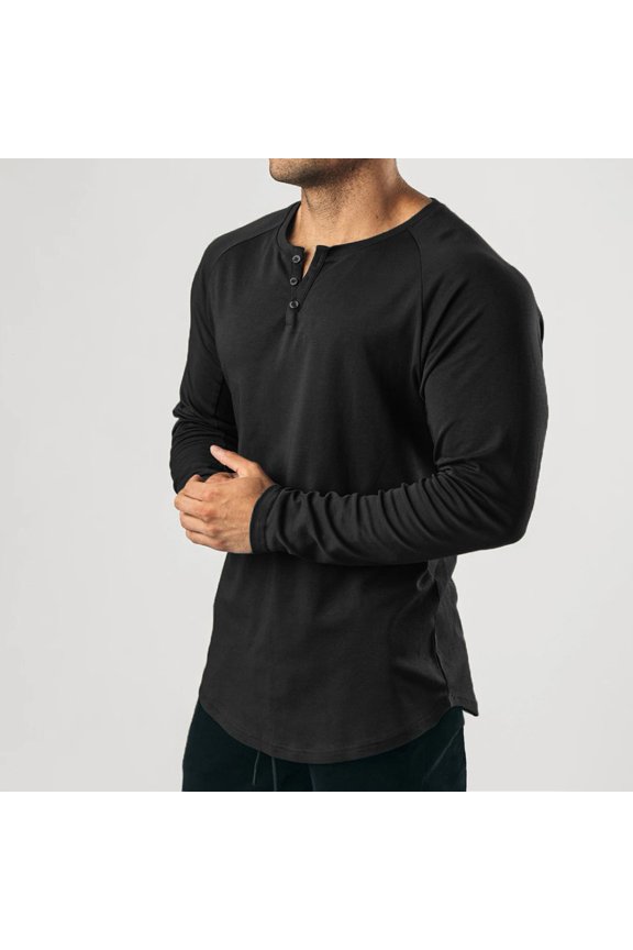Mens Casual Long Sleeve T-shirt Henley Grandad V Neck Button Solid Tee Shirt Top