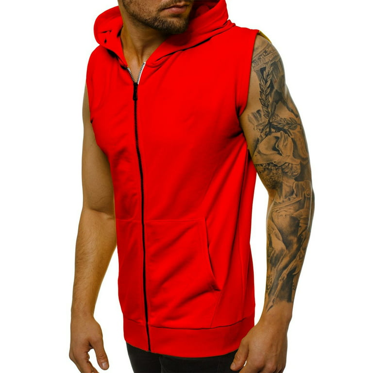 Plain Workout Hooded Tank Tops for Men Bodybuilding Muscle Cut Off T Shirt  with Pocket Sleeveless Zipper Gym Hoodie