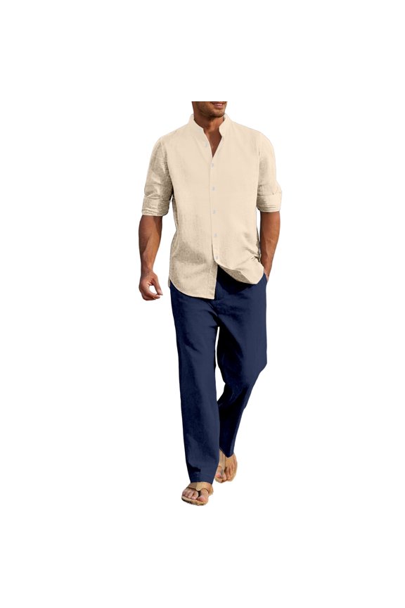 Mens Casual Outfits Men's Long Sleeve Shirt and Pants Solid Color Breathable Linen Button Down Two Piece Set for Home Yoga Beach Casual Wear Lightweight Khaki XXXXL
