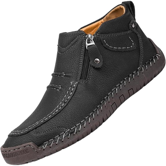 Mens Casual PU Leather Loafers Shoes Ankle Boots Side Zip Slip On Lightweight Hand Stitching Loafers Outdoor Flat Walking Driving Shoes for Male