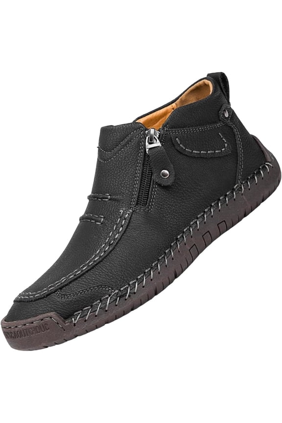 Mens Casual PU Leather Loafers Shoes Ankle Boots Side Zip Slip On Lightweight Hand Stitching Loafers Outdoor Flat Walking Driving Shoes for Male