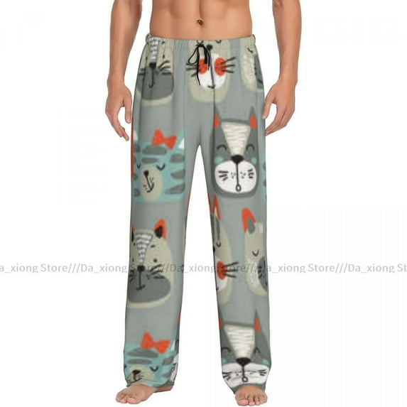 Mens Casual Pajama Long Pant Loose Elastic Waistband Cat Unicorn Magic Pattern Cozy Sleepwear Home Lounge Pants