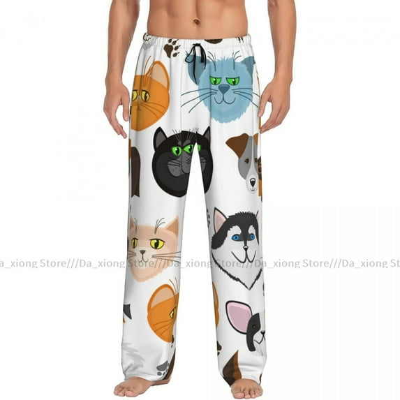 Mens Casual Pajama Long Pant Loose Elastic Waistband Cat Unicorn Magic Pattern Cozy Sleepwear Home Lounge Pants