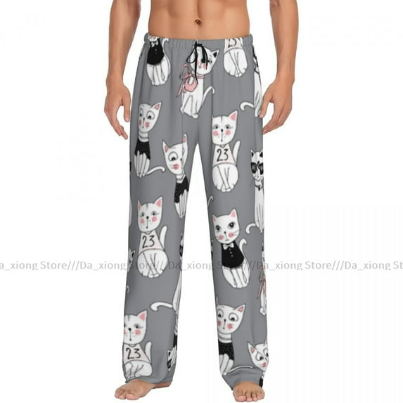 Mens Casual Pajama Long Pant Loose Elastic Waistband Cat Unicorn Magic Pattern Cozy Sleepwear Home Lounge Pants
