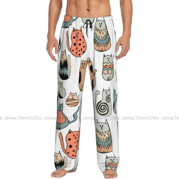 Mens Casual Pajama Long Pant Loose Elastic Waistband Cat Unicorn Magic Pattern Cozy Sleepwear Home Lounge Pants