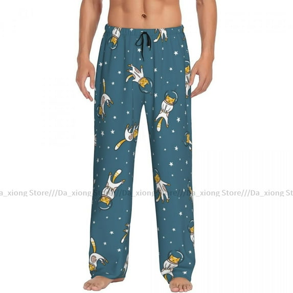 Mens Casual Pajama Long Pant Loose Elastic Waistband Cat Unicorn Magic Pattern Cozy Sleepwear Home Lounge Pants