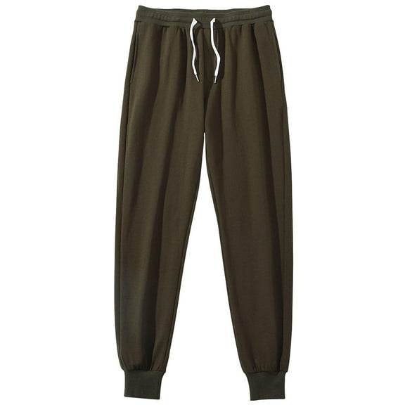 Mens Casual Pants Cotton Sport Solid Elastic Waist Drawstring Full Length Pants Olive Green