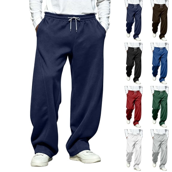 Mens Casual Pants Dqueduo Men's Solid Color Relaxed Fit Wide Leg Drawstring Pockets Sweatpants, S-XXXL Navy XL