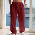 thumbnail image 1 of Mens Casual Pants Drawstring Elastic Waist Lightweight Linen Pants Loose Fit Straight Legs Beach Trousers Wine M, 1 of 9