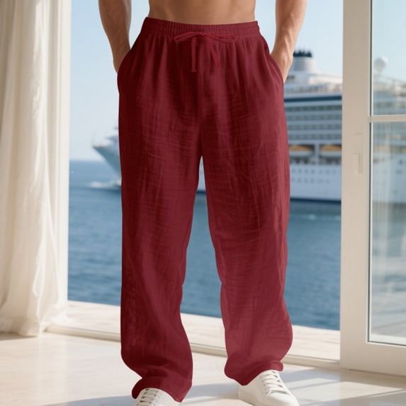 Mens Casual Pants Drawstring Elastic Waist Lightweight Linen Pants Loose Fit Straight Legs Beach Trousers Wine M
