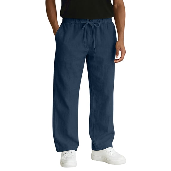 Mens Casual Pants Linen Cotton Lightweight Beach Summer Drawstring Elastic Waist Loose Fit Trousers Yoga Slacks Daily Navy 3XL