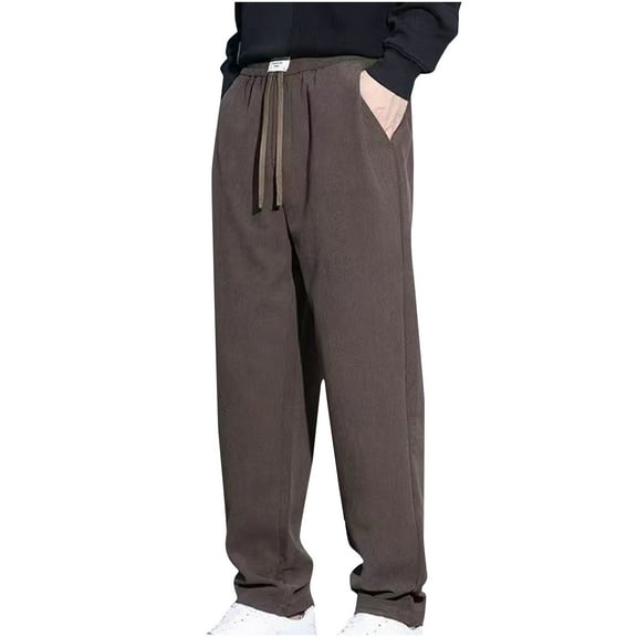Mens Casual Pants Loose Solid Casual Elastic Waist Pocket Long Pants Brown