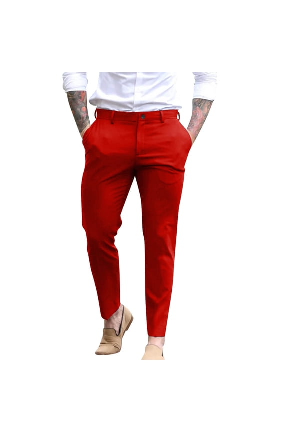 Mens Casual Pants Slim Fit Business Solid Color Trousers with Pockets Flat Front Stretchy Dressy Mens Slacks Red M