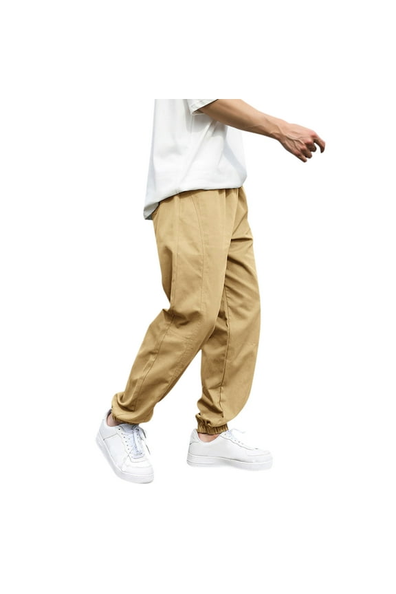 Mens Casual Pants Solid Color Elastic Waist Straight Joggers Trousers with Pockets Stretchy Classic Dress Slacks for Men Khaki XXL