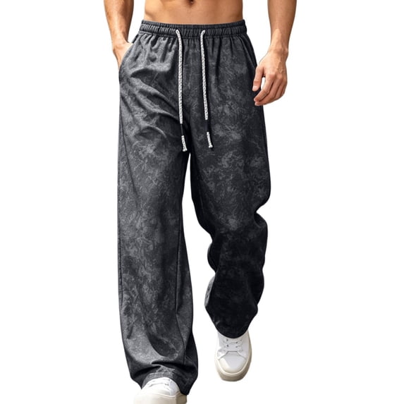 Mens Casual Pants Spring Summer Print Loose Fit Wide Leg Sweatpants Drawstring Elastic Waist Straight Casual Trousers Outdoor Athletic Casual Outfits