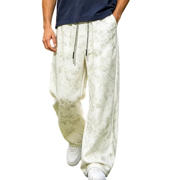 Mens Casual Pants Spring Summer Print Loose Fit Wide Leg Sweatpants Drawstring Elastic Waist Straight Casual Trousers Outdoor Athletic Casual Outfits