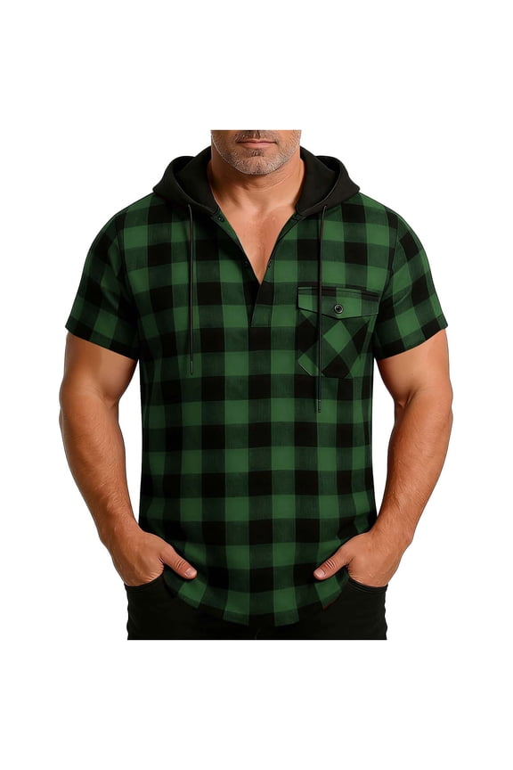 Mens Casual Plaid Hooded Half Button Drawstring Short Sleeve Pullover Beach Vacation Tops with Pocket