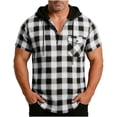 thumbnail image 1 of Mens Casual Plaid Hooded Half Button Drawstring Short Sleeve Pullover Beach Vacation Tops with Pocket, 1 of 6