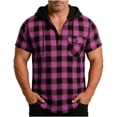 thumbnail image 1 of Mens Casual Plaid Hooded Half Button Drawstring Short Sleeve Pullover Beach Vacation Tops with Pocket, 1 of 7