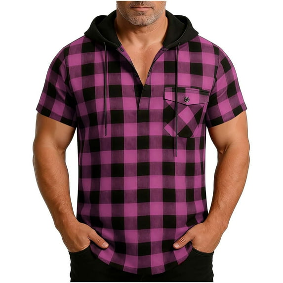 Mens Casual Plaid Hooded Half Button Drawstring Short Sleeve Pullover Beach Vacation Tops with Pocket