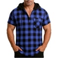 thumbnail image 1 of Mens Casual Plaid Hooded Half Button Drawstring Short Sleeve Pullover Beach Vacation Tops with Pocket, 1 of 7