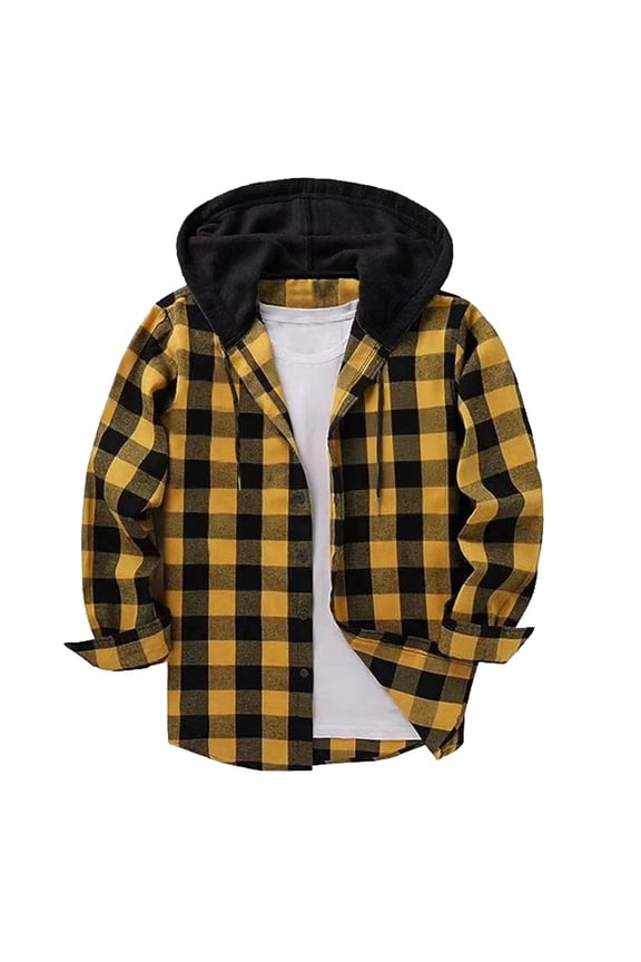 Mens Casual Plaid Hoodie, Long Sleeve Button Up Flannel Shirt Jackets with Drawstring, Loose Soft Fleece Hooded Sweatshirt