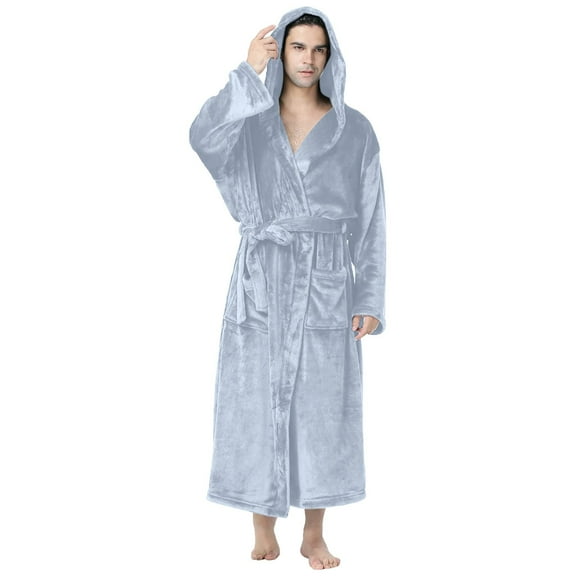 Mens Casual Plush Leisure Bathrobe Solid Hooded Pocket Drawstring Long Sleeve Pajamas Sizes M-3XL