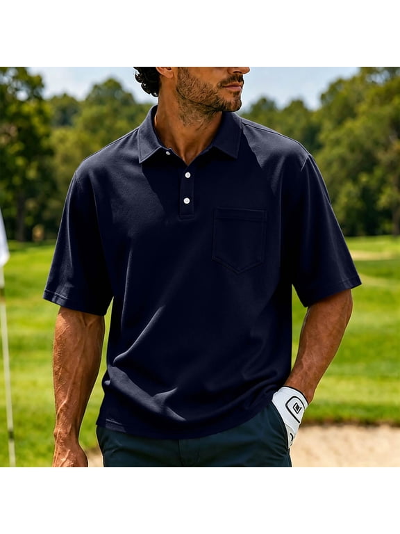 Mens Casual Polo Shirt Short Sleeve, Lightweight Breathable Button Front Collared Pullover Top with Chest Pocket Loose Fit
