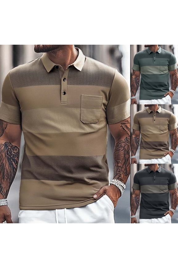 Mens Casual Polo Shirt Striped Button Collared Short Sleeved Business Top with Pocket Slim Fit Comfortable Trendy Mens T-Shirts