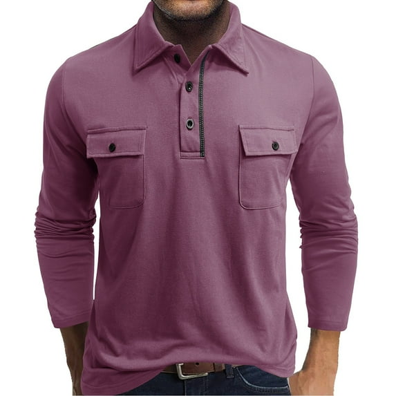 Mens Casual Polo Shirts Long Sleeve Turndown Button Down Polo T Shirts Henley Solid Work Golf Shirt with pocket