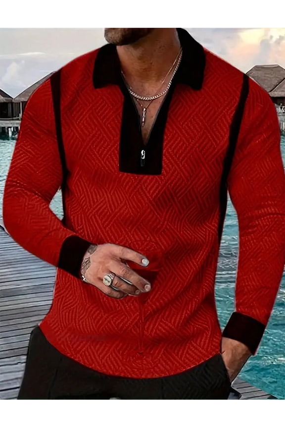 Mens Casual Quarter Zip Polo Shirt Quick Dry Business Office Work Slim Long Sleeve Stretch Lightweight Shirt Tops Red XXL