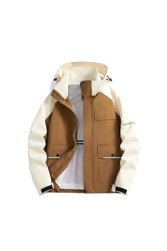 Mens Casual Rain Jacket Fashion Color Block Preppy Windbreaker Hooded Jacket Coats Outdoor Hiking Travel Raincoat