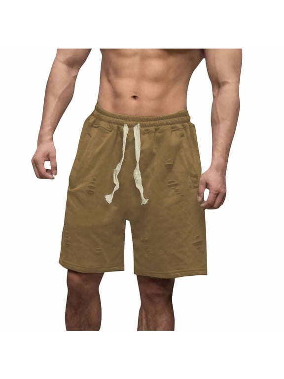 Mens Casual Ripped Shorts Elastic Waist Drawstring with Pockets Baggy Short Stretch Summer Athletic Beach Pants